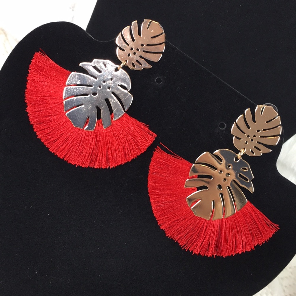 SOLD!! NEW! Red Tassel & Gold Plated Pierced Earrings